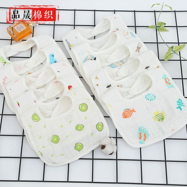 

pure cotton gauze baby u-shaped six-layer gauze absorbent breathable cartoon printed rice pocket bib bib
