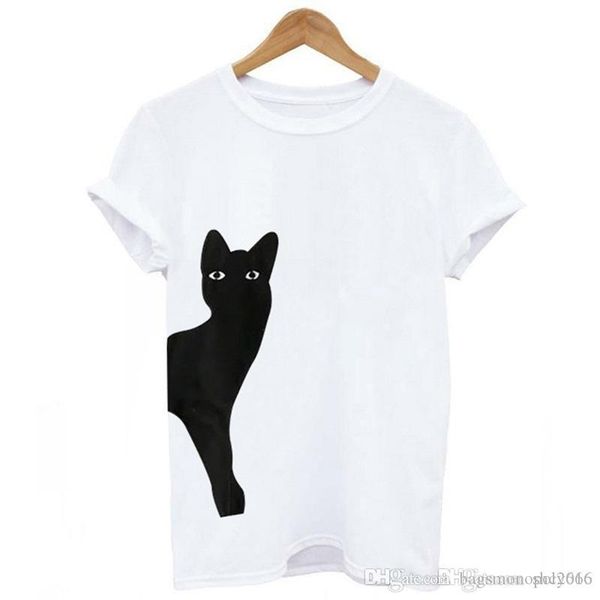 

women t-shirt crew nrck cotton blend short sleeve lovely multiple colour black cat print tees casual shirt size s-2xl t5, White