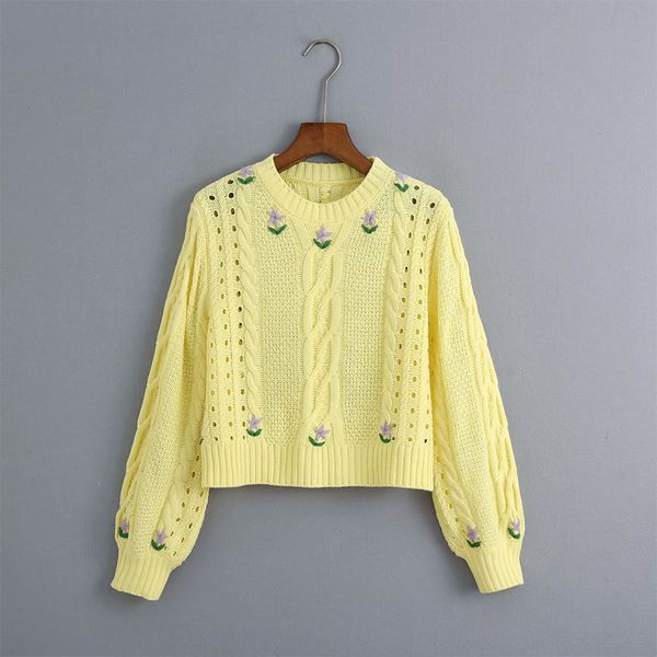 

2020 four seasons women yellow short sweaters long sleeve o-neck embroidery hollow out female loose pullovers sweet sweater, White;black