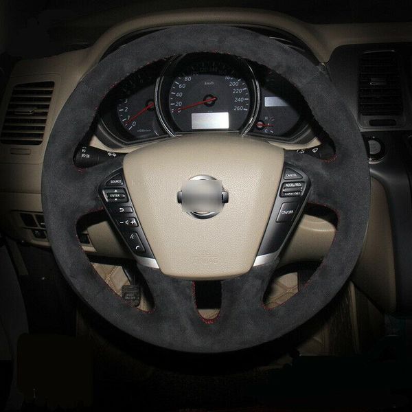 

for nissan x-trail qashqai steering wheel cover black suede leather red stitch