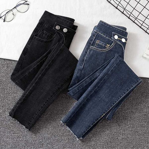 

dark blue woman skinny jeans button high waist denim pencil pants for woman 2020 spring autumn korean fashion jean female