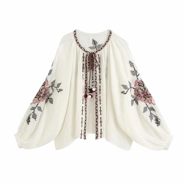 

2020 new women cardigan beaded embroidery long balloon sleeves blouse vintage fashion femme mujer blouse, White