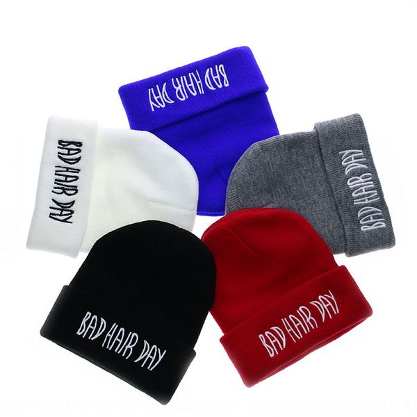 

new children's fashionable letter embroidery knitted wool cap bad hair pullover woolen pullover day beanie cap, Yellow