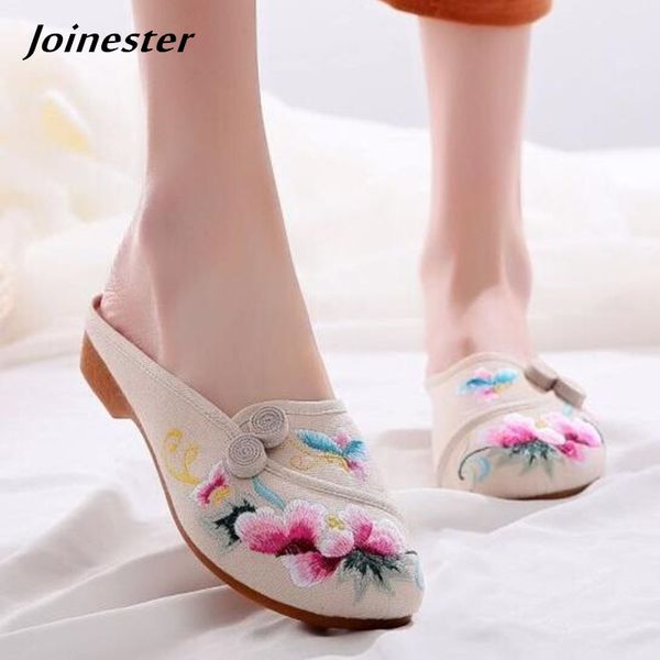 

women's canvas mules floral embroider slippers ladies linen cotton slides round toe casual slippers summer sandals espadrilles, Black