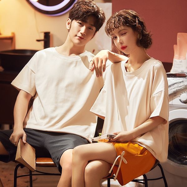 

xikjw 2020 clothes clotheshome furnishing clothingcouple pajamas short sleeve cotton thin large size loose men's and women's two-p, Black;brown
