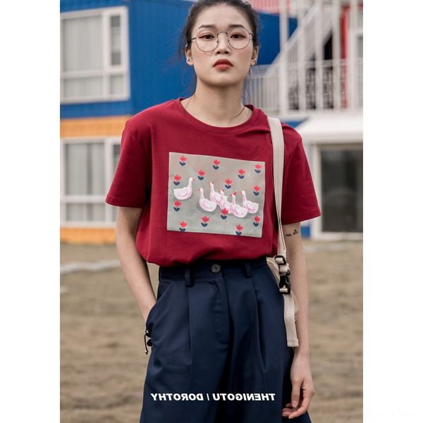 

утка рисунок печатной короткие рукава т- женщин рыхлое все-матчевой футболка масляной живописи масляной живописи половины рукав рубашка базо, White