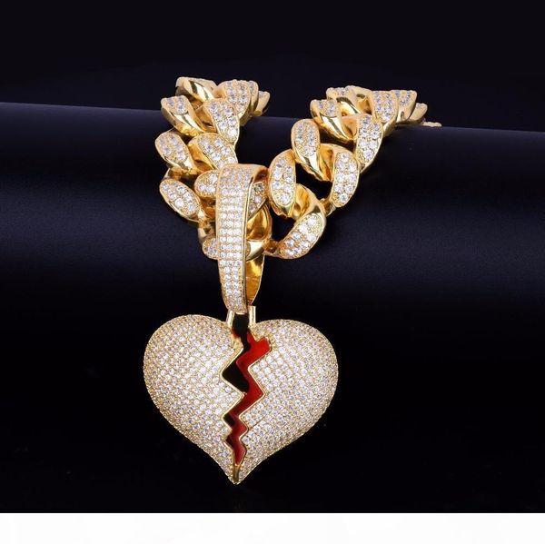 

j iced out broken hearts pendant necklace men women hip hop bling gold silver color 20mm cuban chain jewelry