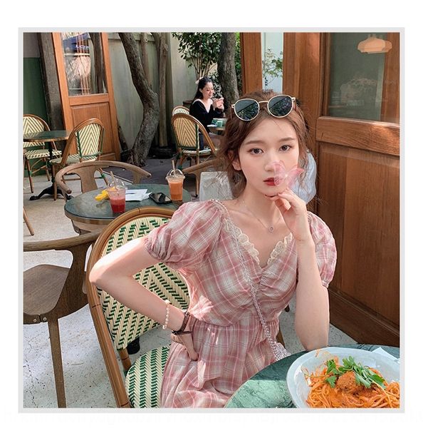 

strawberry milkshake pink strawberry dress long skirt lace stitching lace v-neck plaid dress long skirt for women, Black;gray