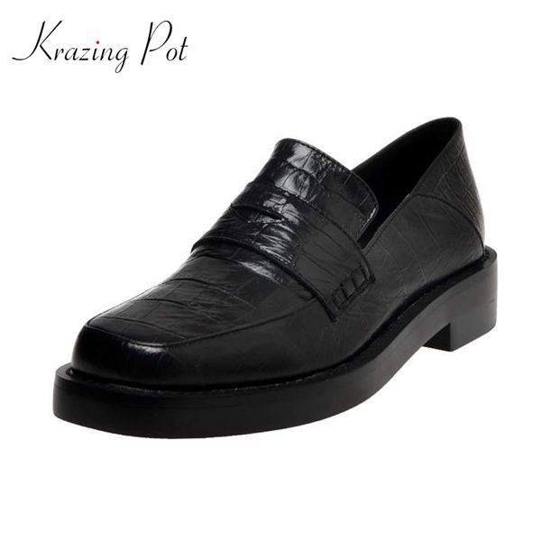 

krazing pot british school leisure cow leather gingham round toe med square heel slip on platform chic design women pumps l52, Black