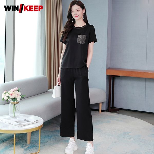 

summer tracksuit women short sleeve t-shirts elastic waist wide leg pants two piece set black running sport suit plus size 5xl, Black;blue