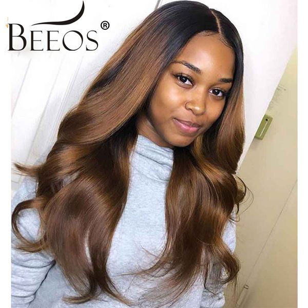 

beeos ombre colored 13*4 lace front human hair wigs 150% pre plucked hairline with baby hair honey blonde body wave deep parting, Black
