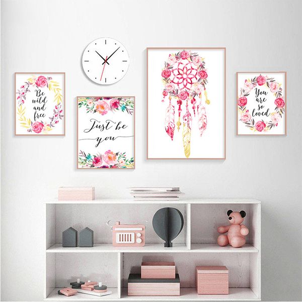 

watercolor pink flower wall art canvas print love quote poster nursery painting picture kids girl bedroom nordic home decoration