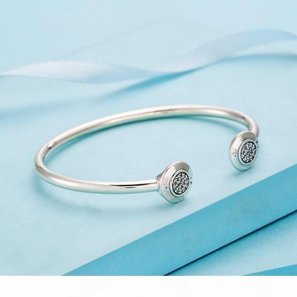 

e new fashion cz diamond disc open bangle bracelet set original box set for pandora 925 sterling silver cuff bracelets for women, White