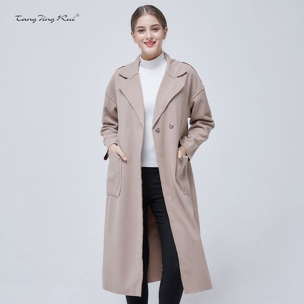 

2020 new fashion women's all-match lapel solid color waist women's wind windbreaker wool coat wool woolen coat jr1665, Black