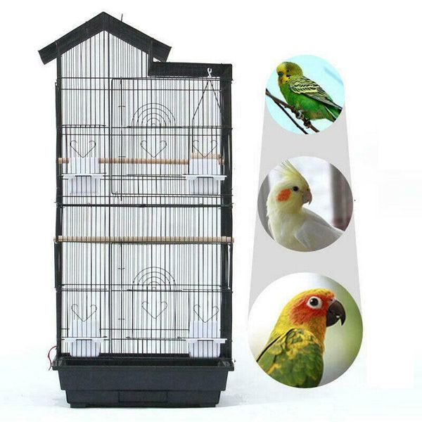 

39" steel bird parrot cage canary parakeet cockatiel w wood perches food cups