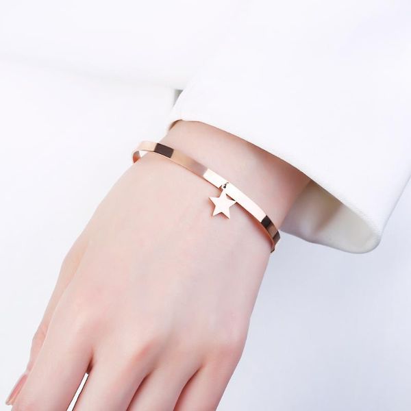 

simple stainless steel bracelets&bangles for woman rose gold silvery clear crystal little star pendant bangle fashion jewelry, Black