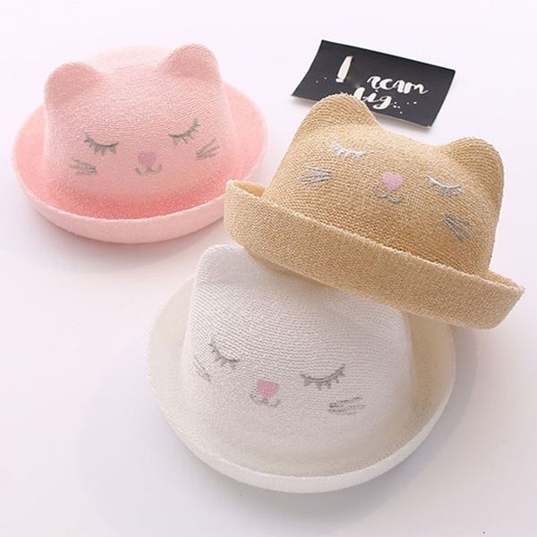 

cute children straw summer cap cartoon sun for girls bucket hat with ears kids solid color beach panama caps, Blue;gray