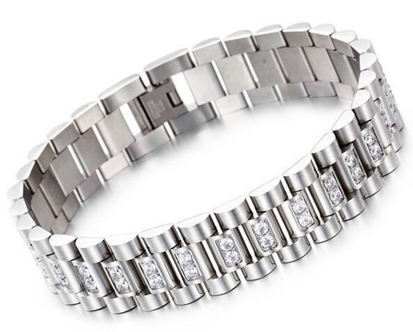 

watch band style 15mm width 316l stainless steel luxury mens wristband link bracelet with prong setting cz stones kka2199, Golden;silver