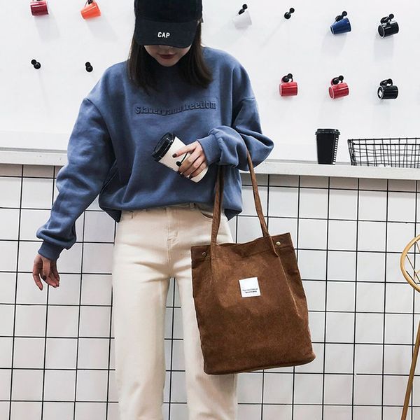 

fashion corduroy shopping bag reusable foldable totes female canvas cloth shoulder bag environmental storage handbag
