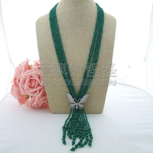 

women's 40" 5 strands round green stone necklace cz pendant, Silver