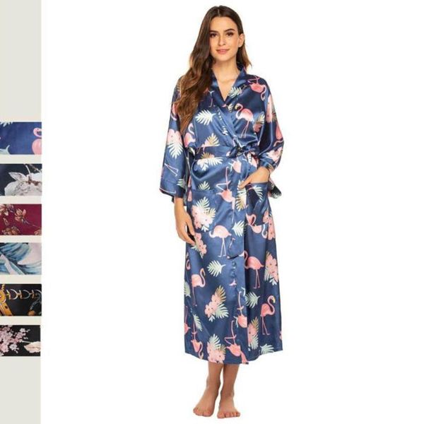 

women's dressing gown kimono bathrobe long full length, silky satin blossoms-printed robe bridesmaid nightwear pyjamas nightgown, Black;red