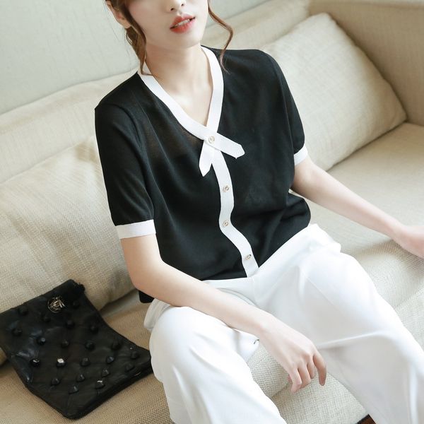 

striped ice silk t-shirt pullover sweater women's short-sleeved t-shirt 2020 new women's thin v korean pullover sweater, White