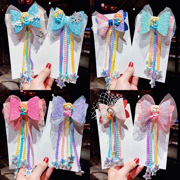 

hair accessories 9pcs/lot princess sequins tassel bows clips cute streamer hairpin kids glitter grip mesh party for girls, Slivery;white
