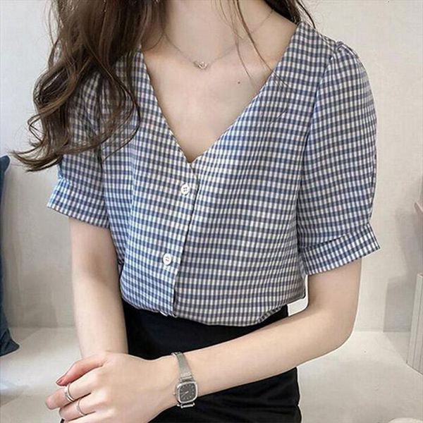

2020 short sleeve plaid womens shirts casual v neck blusa feminina lady clothing female blouse shirt mujer de moda, White
