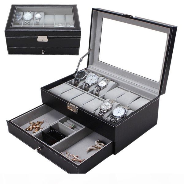 

professional 12 grids slots watches storage box pu leather double layers watch jewelry case holder black brown casket box 2019, Black;blue