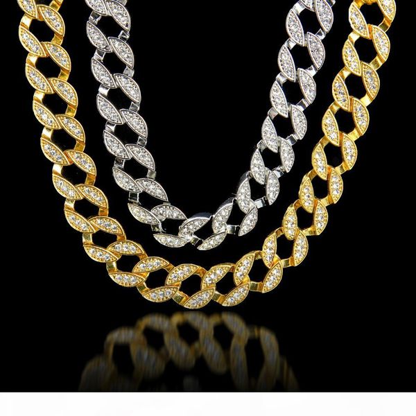 

24k real gold plated miami cuban link exaggerated shiny crystal rhinestone necklace sets hip hop bling hipster men chains 75cm, Silver