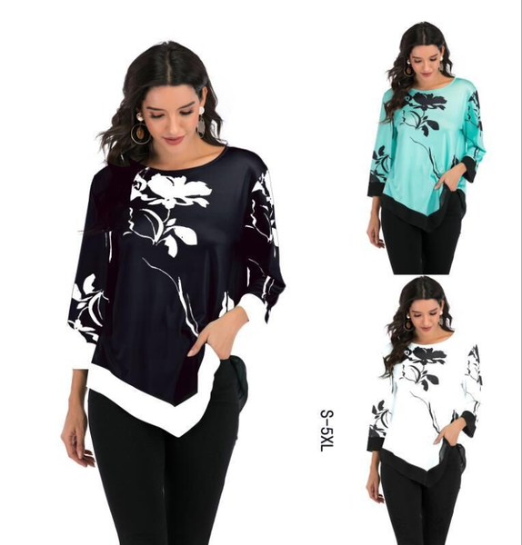 

s-5xl plus size chiffon hem irregularity blouse women 2020summer printed o-neck 3/4 sleeve shirt casual flower shirts black