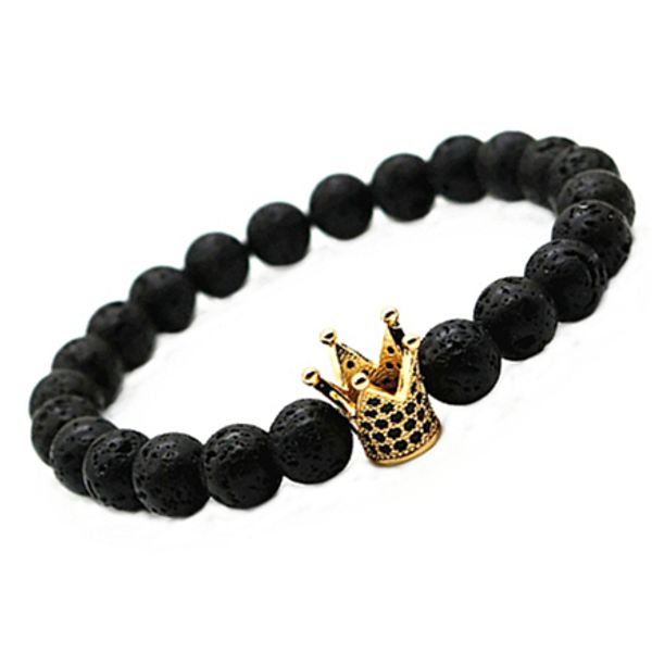 

micro pave black cz zirconia gold plated king crown charm bracelet men dull polish matte stone bead bracelets for men