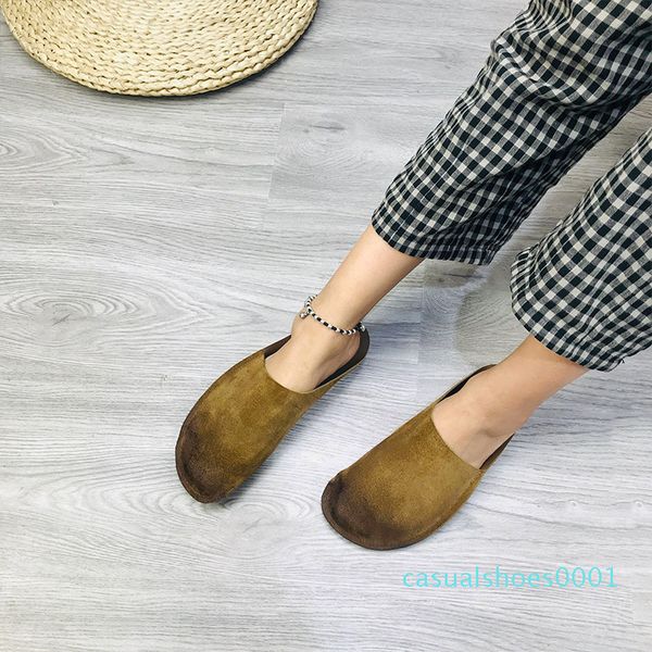 

careaymade-women's sandals new baotou one pedal lazy half slippers full-grain leather flat heel home casual shoes,3 colors c01, Black