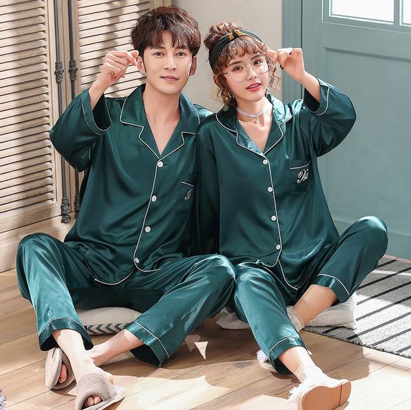 

autumn couple men's pajamas pajamas and women's silk long sleeve suit large size red wedding summer thin home clothes, Blue;red