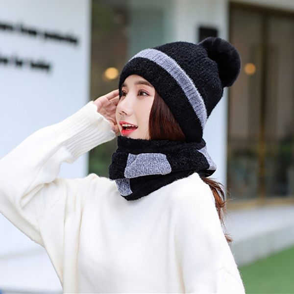 

cycling caps & masks 2021 chenille hat ladies winter plus velvet thick warm bib set korean version of the tide wild mixed color wool cap, Black