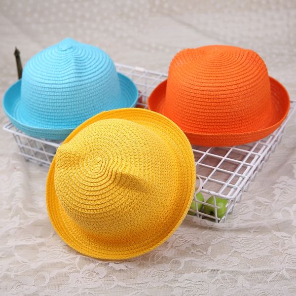 

summer cute cat ear parent-child straw sun straw korean bear sunshade hat children's beach sun hat men and women, Yellow