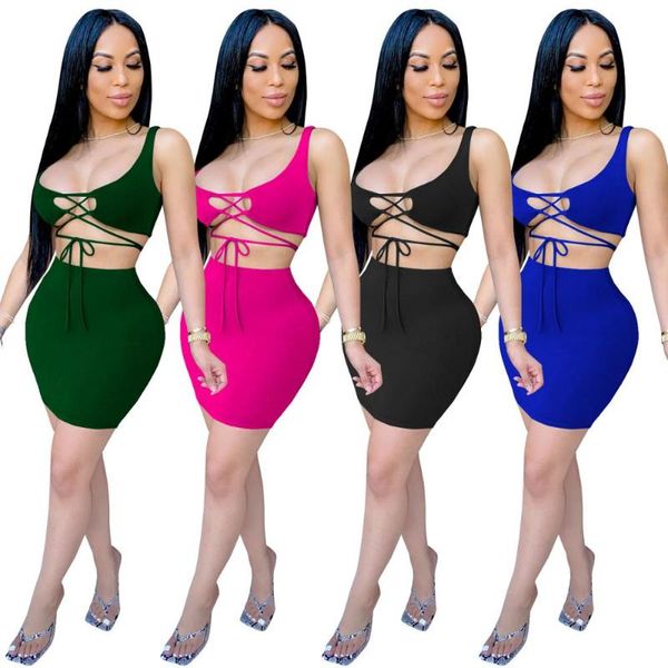 

women solid two pieces set lace up crop mini skirt matching set tracksuits 2020 summer party club women, Gray