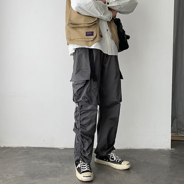 

men's pants 2021 spring and autumn solid color large pockets waist overalls fashion casual loose gray / black m-2xl