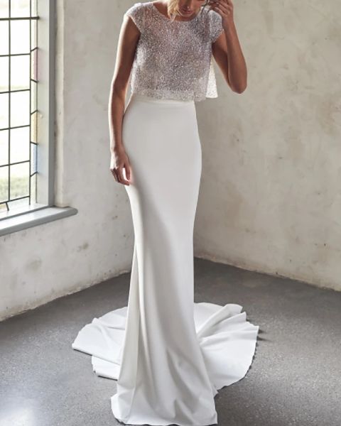

two piece mermaid / trumpet wedding dresses jewel neck court train tulle sequined chiffon over satin cap sleeve see-through with drapin, White