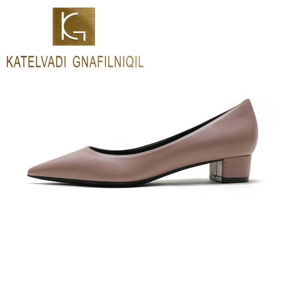 

katelvadi shoes woman split leather pumps thick high low heels 3cm pointed toe hzl004, Black