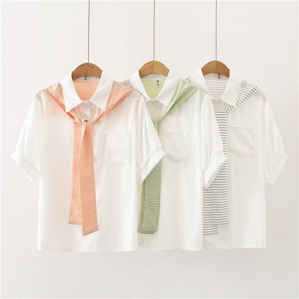 

fashion casual shirt womens designer shawl summer shirts woman fake two pieces loose blouse women patchwork striped, White