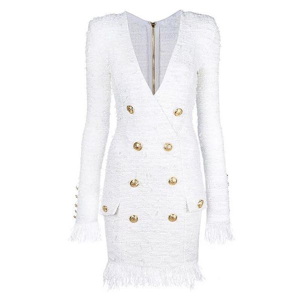 

высокое качество 2020 осень-зима новейший платье конструктора женщин v-образным вырезом с длинным рукавом лев кнопки кисточкой бахромой твид, Black;gray