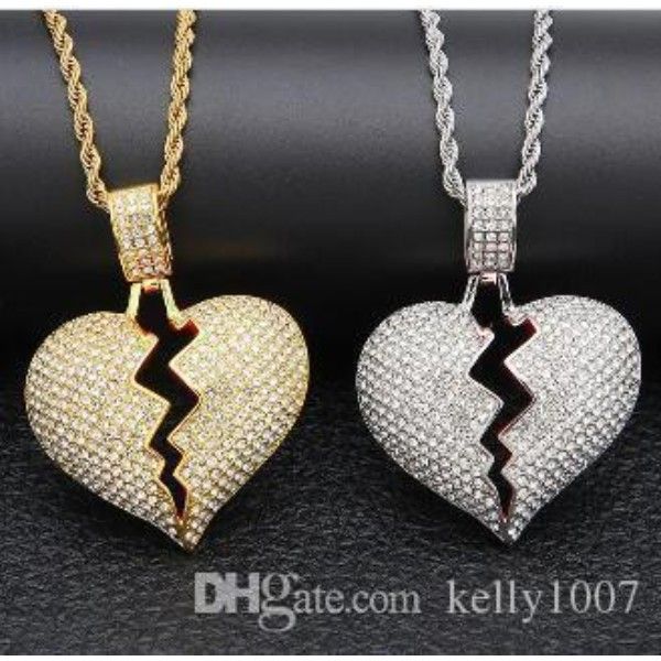 

замороженный из разбитое сердце любовь кулон ожерелье для мужчин bling кристалл горный хрусталь очарование золото серебро витой цепочки для, Black