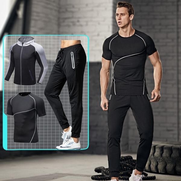 

autumn and winter jianchen running sports quick-drying men's gym fitness suit long-sleeved tights tights 3-piece suit, White;black