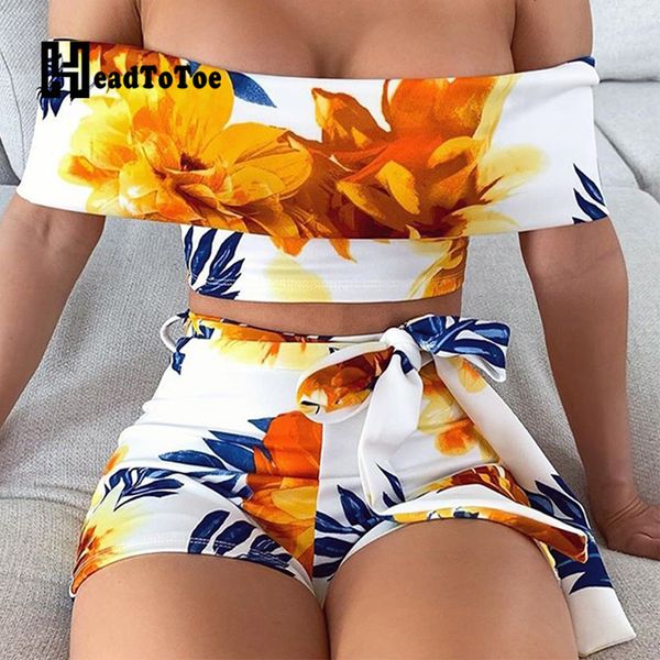 

floral print slash neck off shoulder crop & tied high waist shorts sets summer beach casual 2 piece outfits for women, White