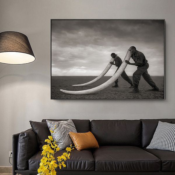 

africa black man pushing ivory animals canvas painting posters cuadros wall art pictures for living room home decor (no frame