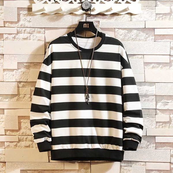 

men's stripe pullover autumn o-neck sweatshirts men sport pullovers fashion japanese harajuku loose streetwear long sleeve, Black