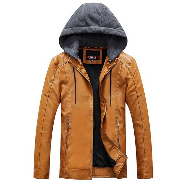 

hooded leather jacket men yellow blue black leather moto jacket mens motorcycle fleece mens autumn winter fashion