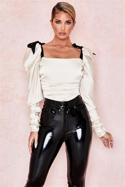 

womens natural color jumpsuits designer puff sleeve square neck jumpsuits backless long sleeve jumpsuits women clothes, Black;white