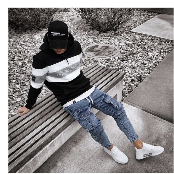 

men high elastic skinny biker slim denim men multi-pocket zipper pencil pants casual jeans fashion hip hop cargo jeans, Blue